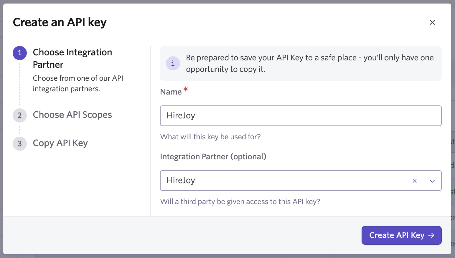 Ashby API key screen