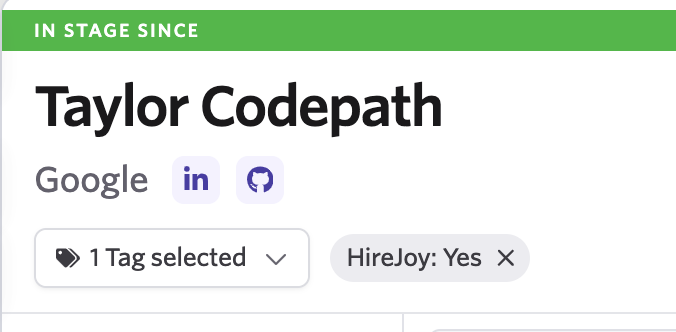 A tagged candidate on HireJoy