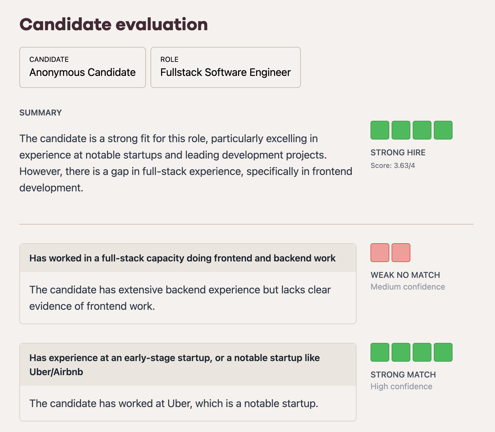 Example of a resume screen evaluation