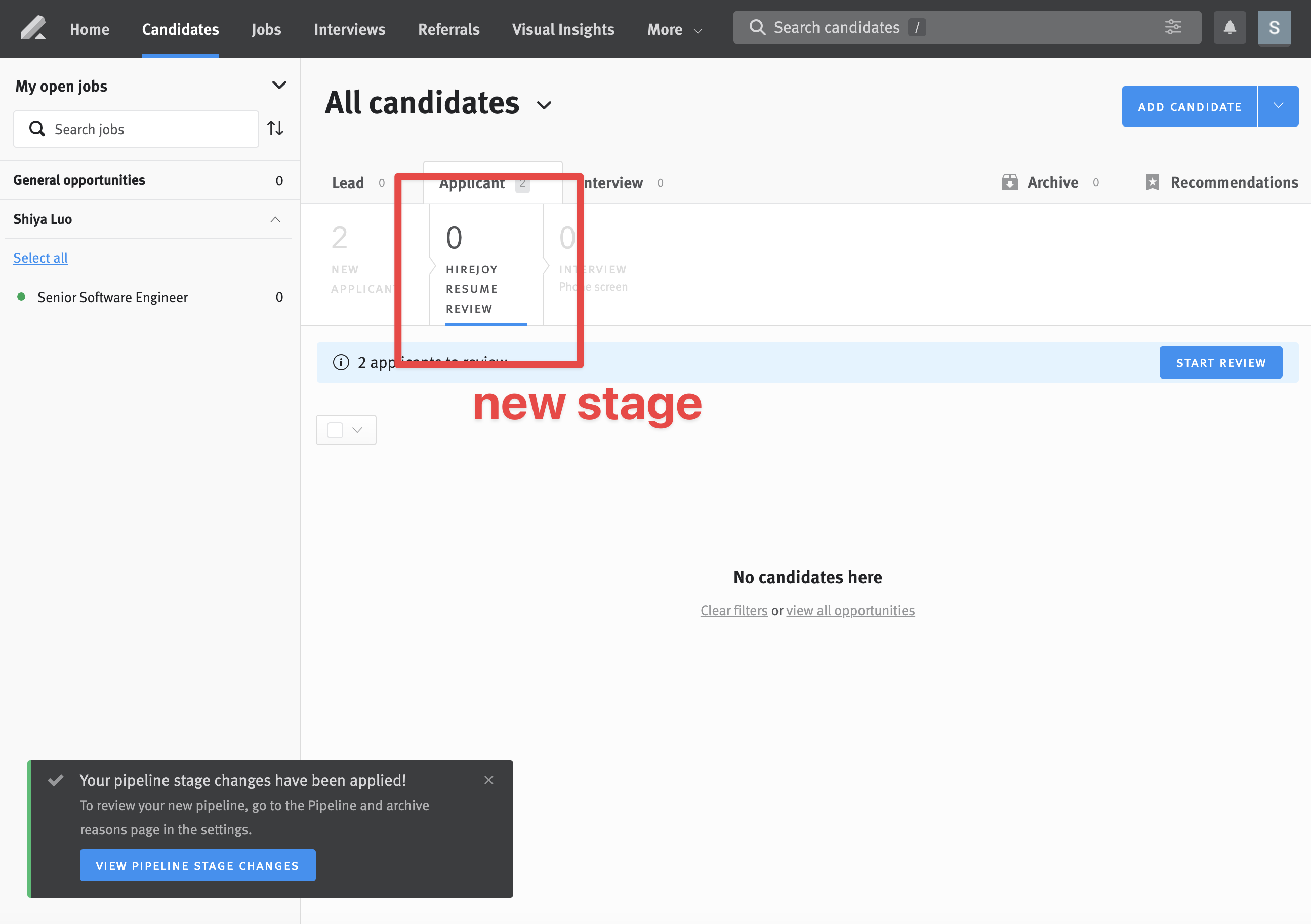 HireJoy resume review stage in Lever